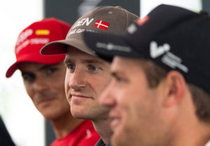 Nicolai Sehested, driver of Denmark SailGP Team, Diego Botin, driver of Spain SailGP Team, and Sebastien Schneiter, co-driver and strategist of Switzerland SailGP Team, speak to the media during a pre-event press conference