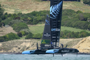 Andy Maloney, flight controller of New Zealand SailGP Team, runs across the boat as the New Zealand SailGP Team take part in a practice session ahead of the ITM New Zealand Sail Grand Prix in Christchurch, New Zealand.