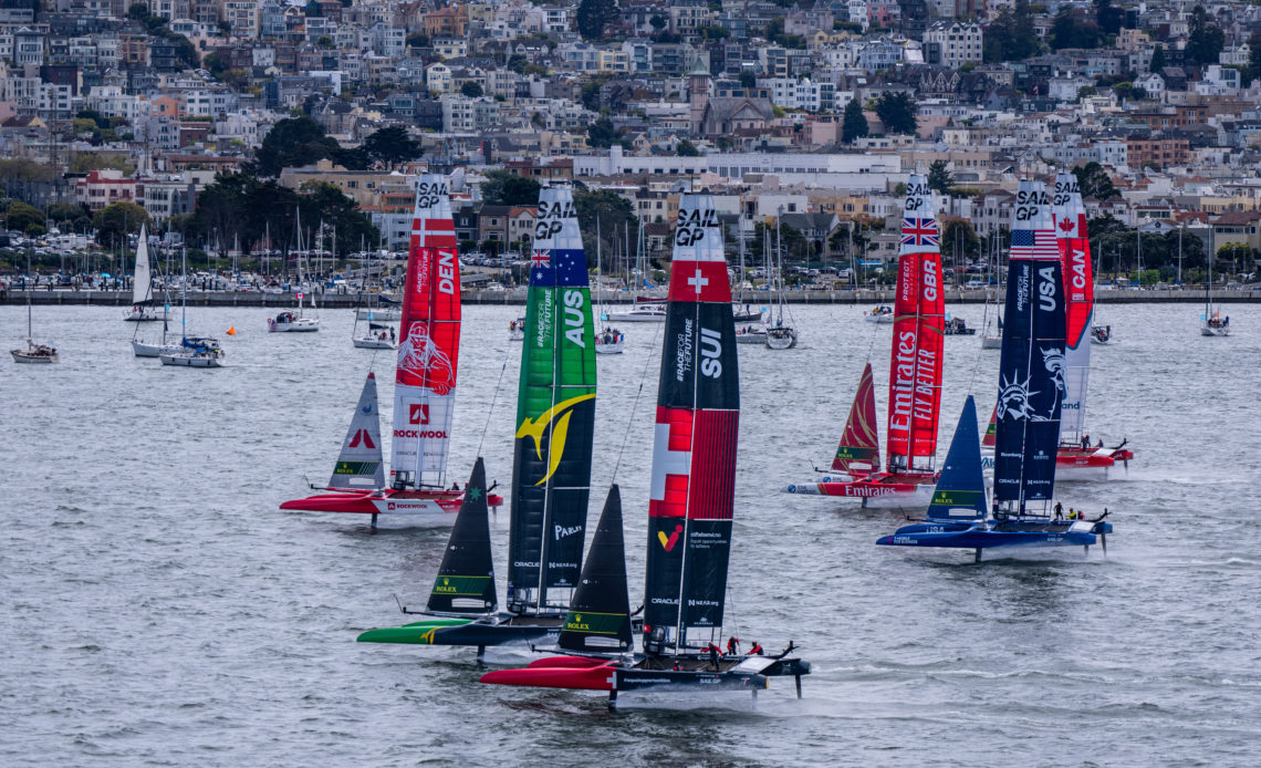 The fleet in action on Race Day 1 of the Mubadala SailGP Season 3 Grand Final in San Francisco, USA. Saturday 6th May 2023.
