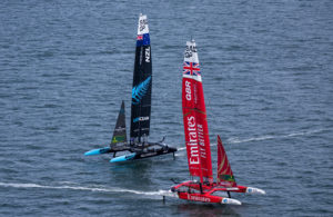 New Zealand SailGP Team and Emirates Great Britain SailGP Team in action on Race Day 1 of the Mubadala SailGP Season 3 Grand Final in San Francisco, USA. Saturday 6th May 2023.