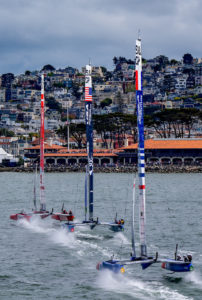 France SailGP Team helmed by Quentin Delapierre follows behind USA SailGP Team and Denmark SailGP Team presented by ROCKWOOL as they sail toward the shore on Race Day 1 of the Mubadala SailGP Season 3 Grand Final in San Francisco, USA.