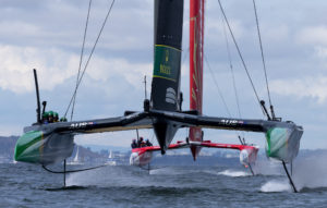 Australia SailGP Team helmed by Tom Slingsby ahead ion Emirates Great Britain SailGP Team helmed by Ben Ainslie during racing on Race Day 1 of the Mubadala SailGP Season 3 Grand Final in San Francisco, USA. Saturday 6th May 2023.