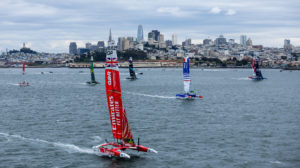 The fleet in action in front of the skyline in San Francisco, USA.