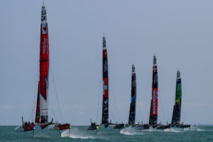 Canada SailGP Team helmed by Phil Robertson sail alongside the fleet on Race Day 1 of the Rolex United States Sail Grand Prix | Chicago at Navy Pier, Season 4, in Chicago, Illinois, USA. 16th June 2023. Photo: Ricardo Pinto for SailGP. Handout image supplied by SailGP