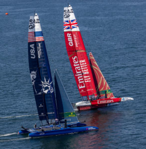 USA SailGP Team helmed by Jimmy Spithill and Emirates Great Britain SailGP Team helmed by Ben Ainslie in action during a practice session ahead of the Oracle Los Angeles Sail Grand Prix at the Port of Los Angeles, in California, USA. 21st July 2023. Photo: Felix Diemer for SailGP. Handout image supplied by SailGP