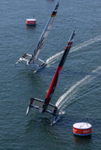 ROCKWOOL Denmark SailGP Team and Germany SailGP Team helmed by Erik Heil in action during a practice session ahead of the Oracle Los Angeles Sail Grand Prix at the Port of Los Angeles, in California, USA. 21st July 2023. Photo: Felix Diemer for SailGP. Handout image supplied by SailGP