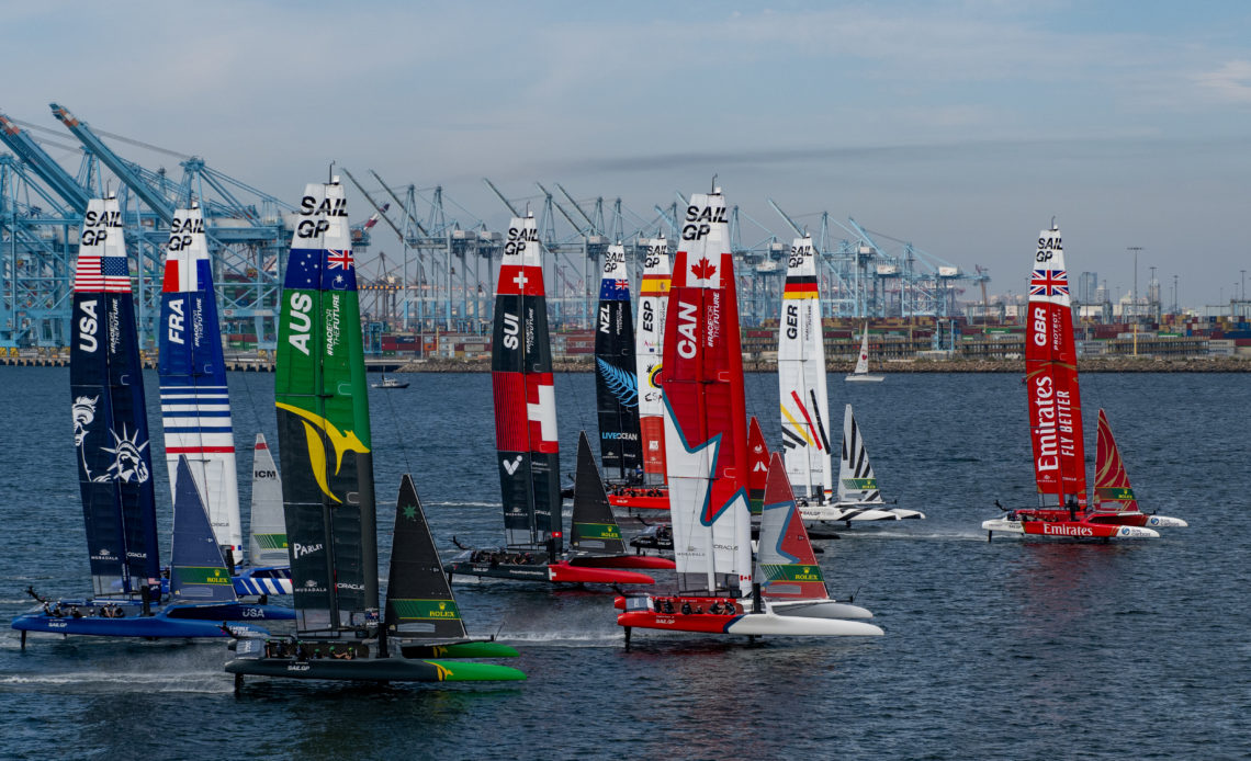 The fleet in action on Race Day 1 of the Oracle Los Angeles Sail Grand Prix at the Port of Los Angeles, in California, USA. 22nd July 2023. Photo: Ricardo Pinto for SailGP. Handout image supplied by SailGP