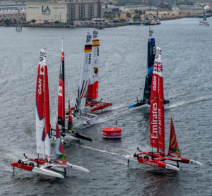 Close racing action between the SailGP fleet on Race Day 1 of the Oracle Los Angeles Sail Grand Prix at the Port of Los Angeles, in California, USA. 22nd July 2023. Photo: Ricardo Pinto for SailGP. Handout image supplied by SailGP