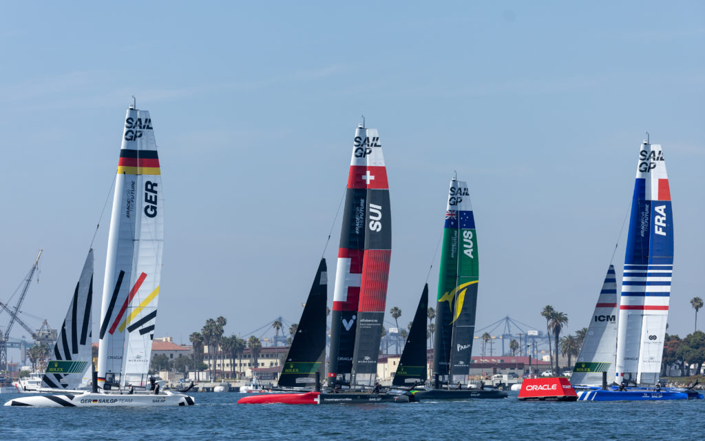 Germany SailGP Team, Switzerland SailGP Team, Australia SailGP Team and France SailGP Team in action during a practice session ahead of the Oracle Los Angeles Sail Grand Prix at the Port of Los Angeles, in California, USA. 21st July 2023. Photo: Simon Bruty for SailGP. Handout image supplied by SailGP