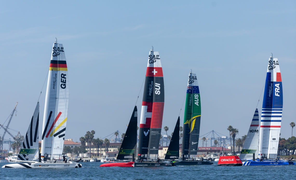 Germany SailGP Team, Switzerland SailGP Team, Australia SailGP Team and France SailGP Team in action during a practice session ahead of the Oracle Los Angeles Sail Grand Prix at the Port of Los Angeles, in California, USA. 21st July 2023. Photo: Simon Bruty for SailGP. Handout image supplied by SailGP