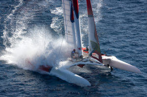 Canada SailGP Team helmed by Phil Robertson crash down into the water during a practice session ahead of the France Sail Grand Prix in Saint-Tropez, France. 8th September 2023.