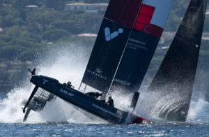 Switzerland SailGP Team helmed by Sebastien Schneiter nosedive during a practice session ahead of the France Sail Grand Prix in Saint-Tropez, France. 8th September 2023. Photo: Ricardo Pinto for SailGP.