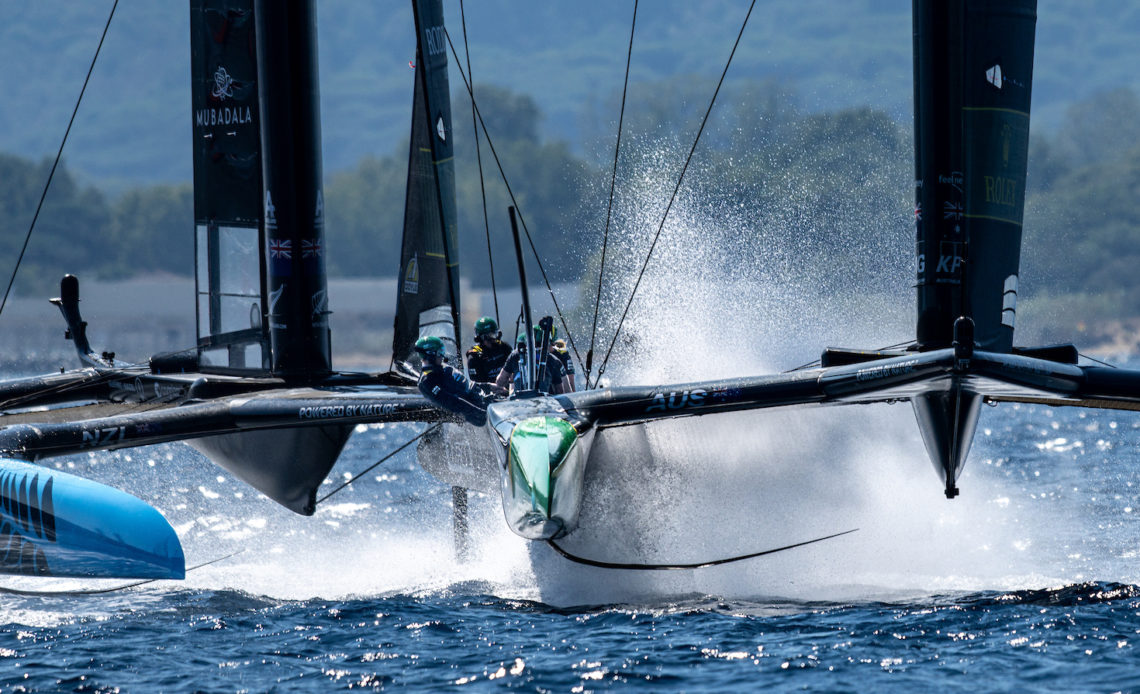 Close sailing between Australia SailGP Team helmed by Tom Slingsby and New Zealand SailGP Team helmed by Peter Burling during a practice session ahead of the France Sail Grand Prix in Saint-Tropez, France. 8th September 2023.