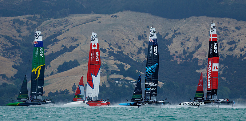 Australia SailGP Team helmed by Tom Slingsby leads Canada SailGP Team helmed by Phil Robertson, New Zealand SailGP Team helmed by Peter Burling and ROCKWOOL Denmark SailGP Team helmed by Nicolai Sehested ahead of the ITM New Zealand Sail Grand Prix in Christchurch, New Zealand. Friday 22nd March 2024. Photo: Brett Phibbs for SailGP. Handout image supplied by SailGP